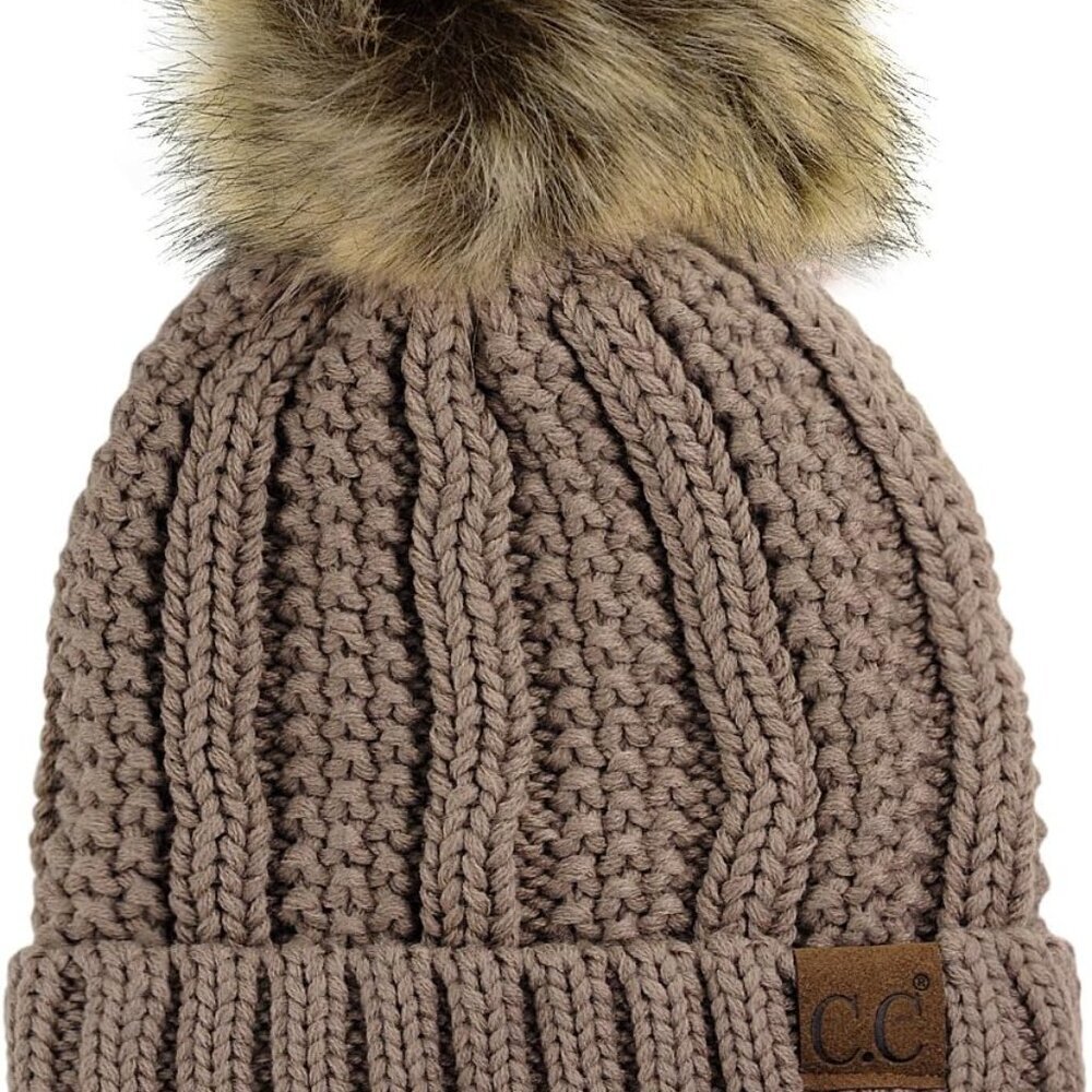 Thick Cable Knit Faux Fuzzy Fur Pom Fleece Lined Skull Cap Cuff Beanie